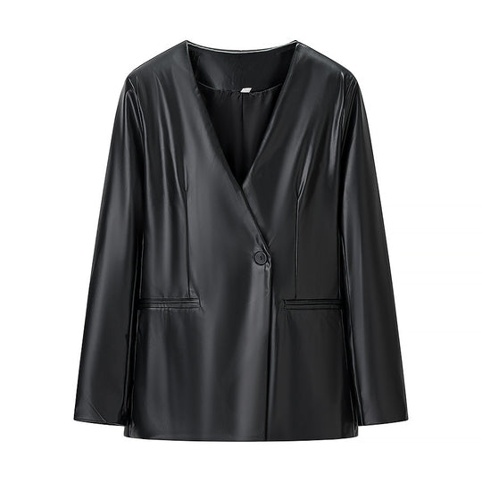 Damen elegante Longblazer aus hochwertigem Kunstleder EB