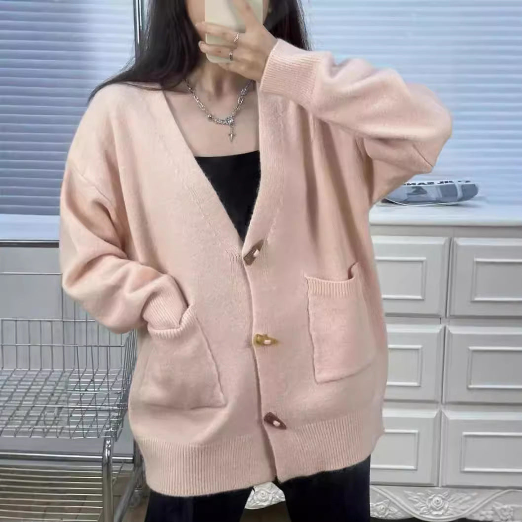Damen Strickjacke mit großen Taschen und elegantem V-Ausschnitt EB