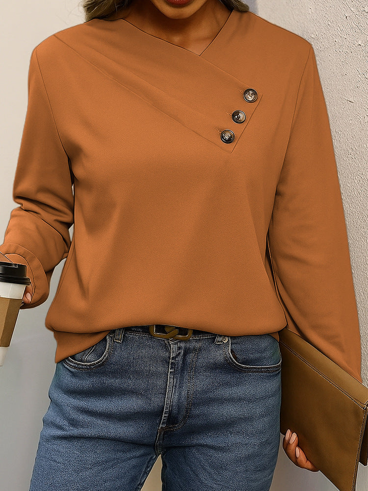 Damen Asymmetrische V-Ausschnitt Bluse mit Zierknopfleiste und Langarm EB