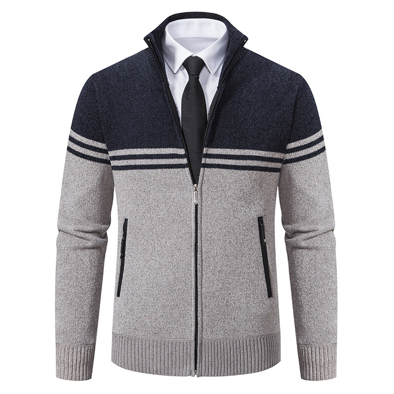 Herren sportliche und modische Strickjacke mit Reißverschluss und kontrastierenden Streifen EB