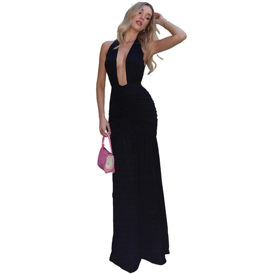 Damen Elegantes Maxikleid mit tiefem V-Ausschnitt und raffinierten Raffungselementen EB