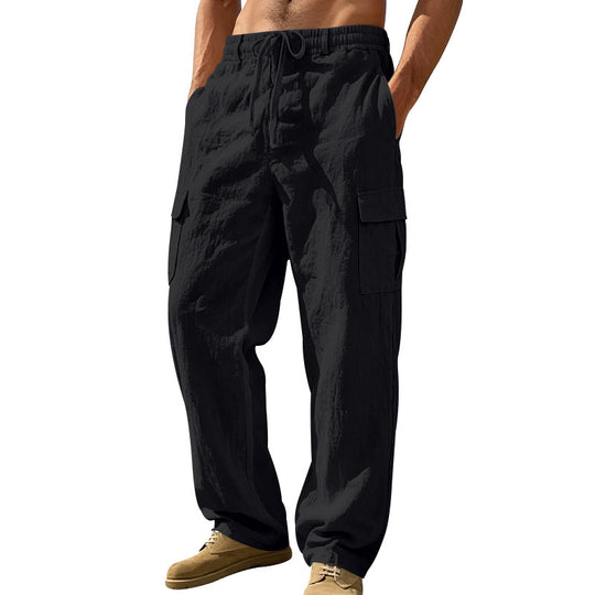 Herren nan entspannt geschnittene Strand-Cargohose aus Leinenblend mit elastischem Tunnelzug und zweifacher Klapptasche EB