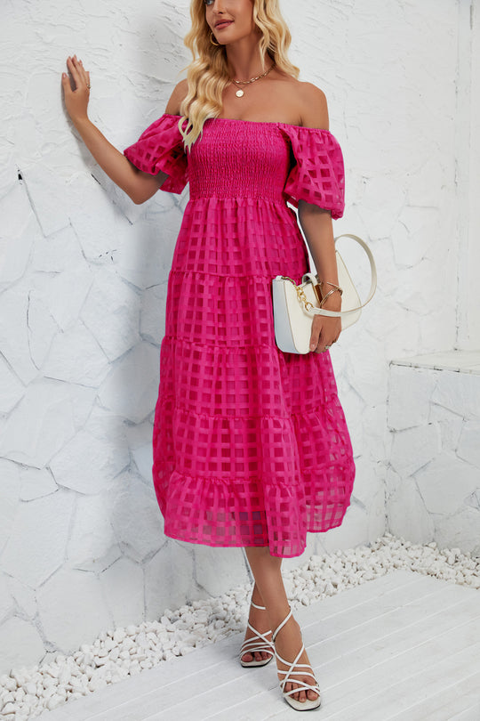 Damen Midikleid mit Off-Shoulder-Design und luftigen Puffärmeln EB