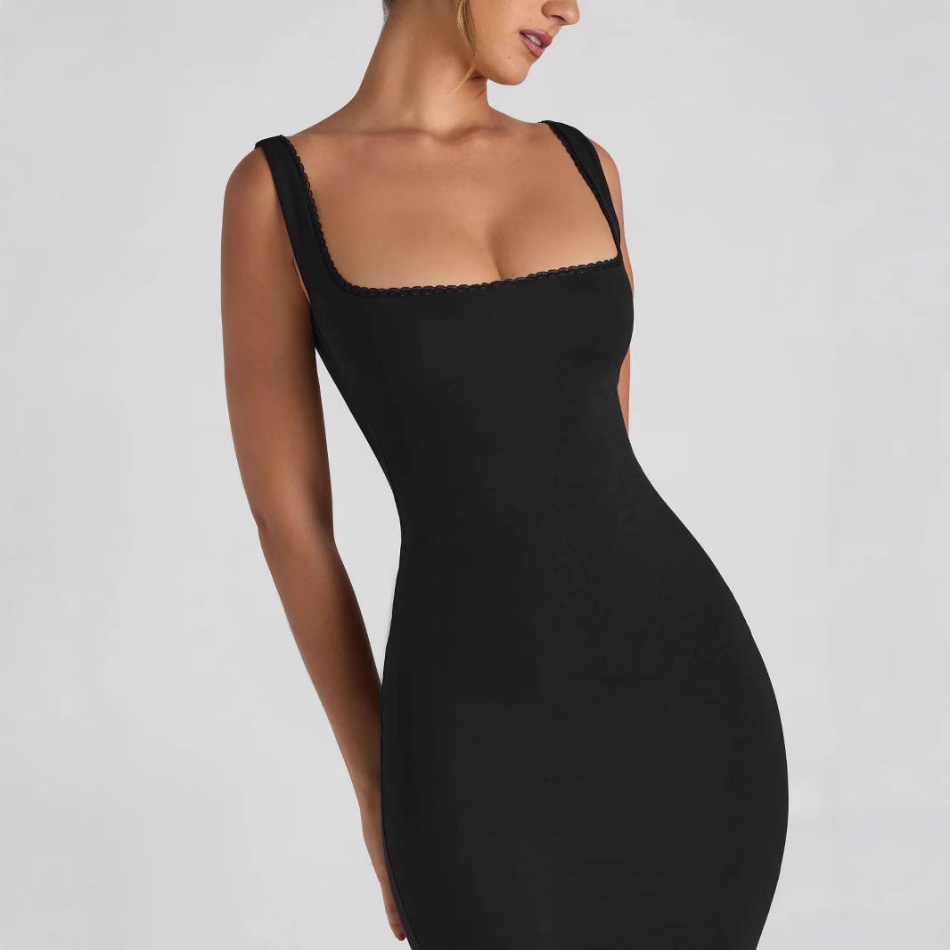 Damen figurbetontes Midikleid mit quadratischem Ausschnitt und Spitzenakzenten EB