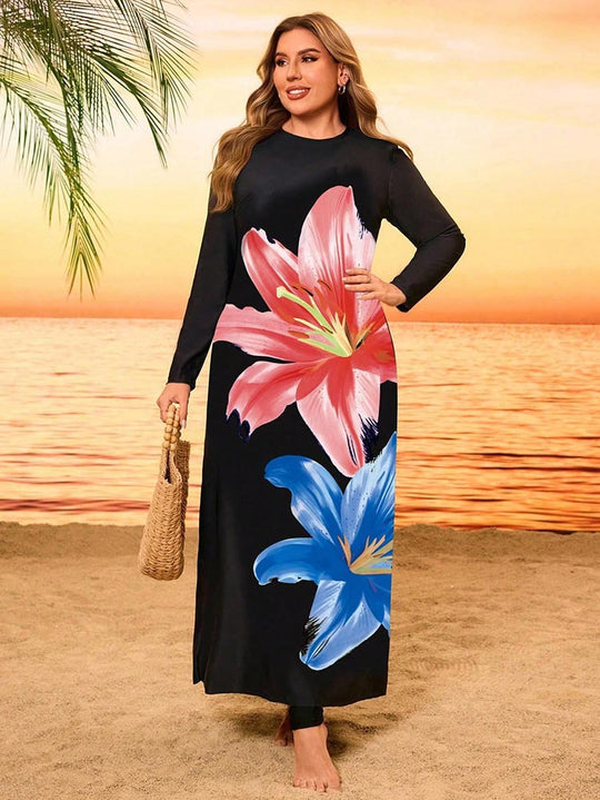 Damen Maxikleid mit floralem Design und langem Ärmel EB