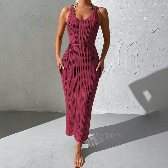 Damen gehäkeltes Maxikleid mit tailliertem Schnitt und seitlichem Kordelzug EB