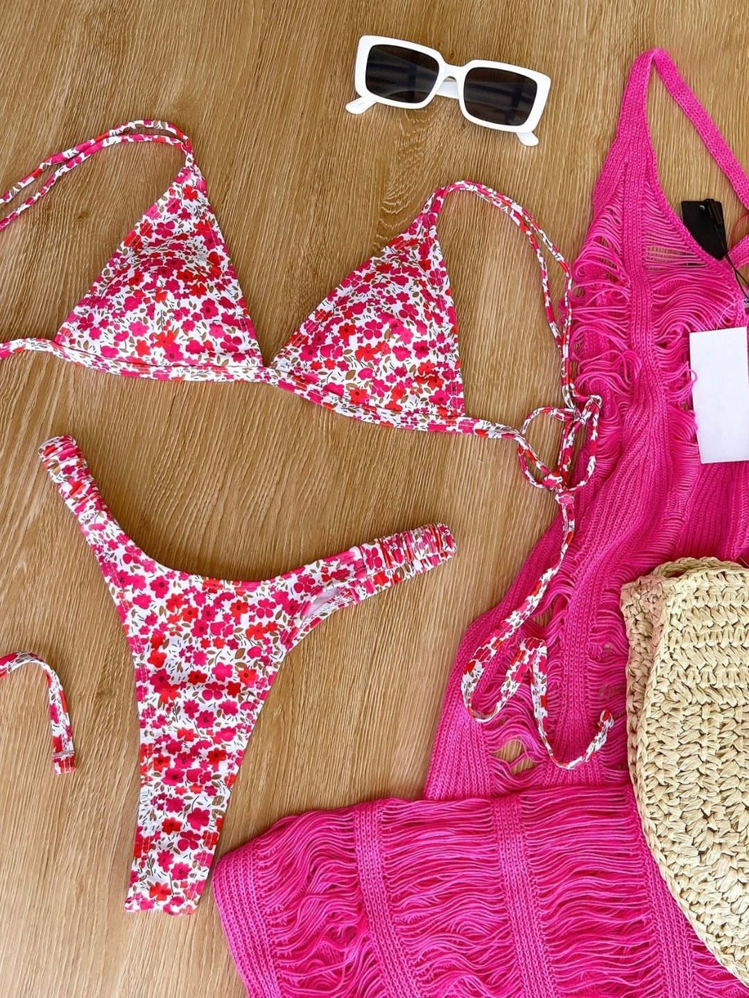Damen Triangel-Bikini mit floralem Design und verstellbaren Trägern EB