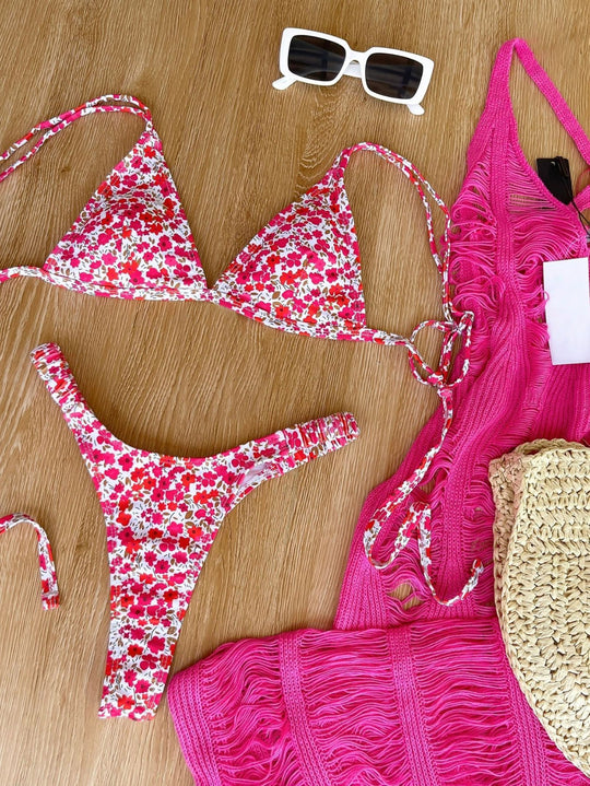 Damen Triangel-Bikini mit floralem Design und verstellbaren Trägern EB