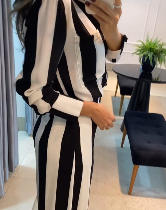 Damen Eleganter Jumpsuit mit auffälligem Streifenmuster und praktischen Taschen EB