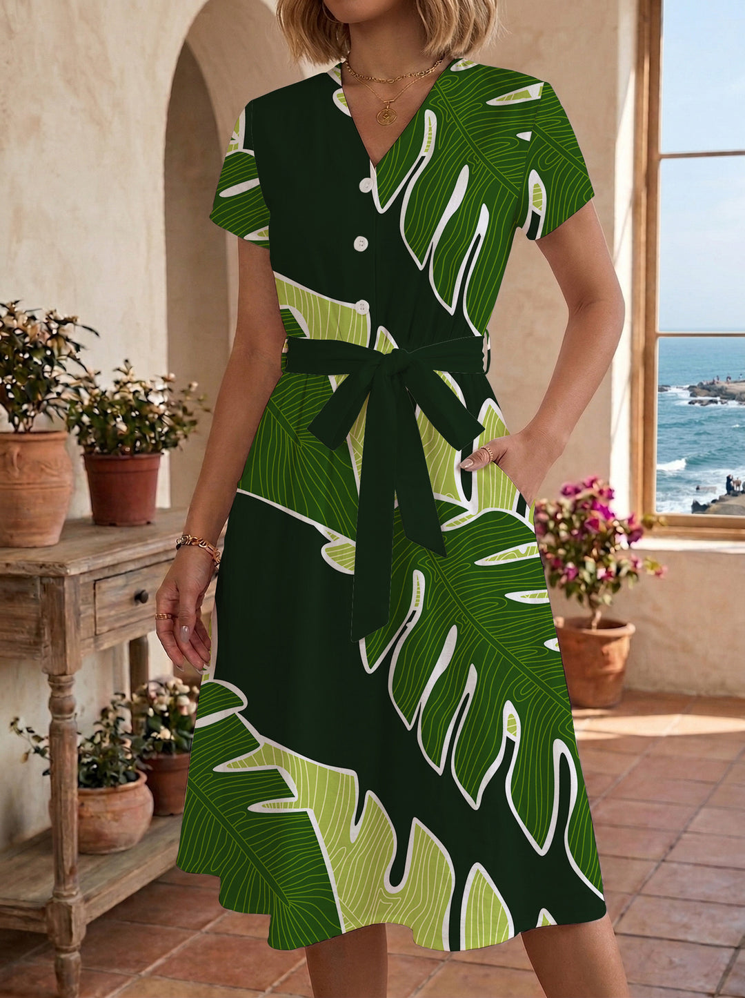 Damen Midi-Kleid mit floralem Design und bequemer Passform EB