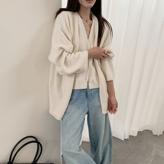 Damen Kuscheliger Strickcardigan mit großer Knopfleiste und Ballonärmeln EB