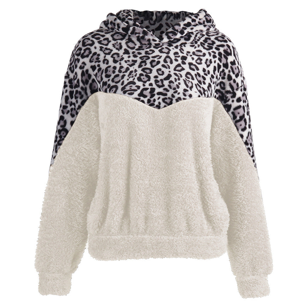 Damen Gemütlicher Teddy-Pullover mit Kapuze und Leopardenmuster EB