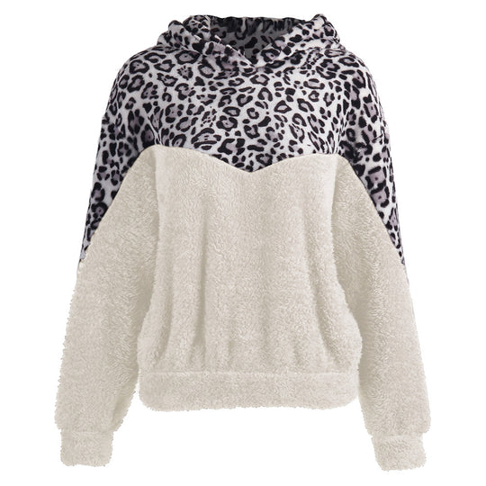 Damen Gemütlicher Teddy-Pullover mit Kapuze und Leopardenmuster EB