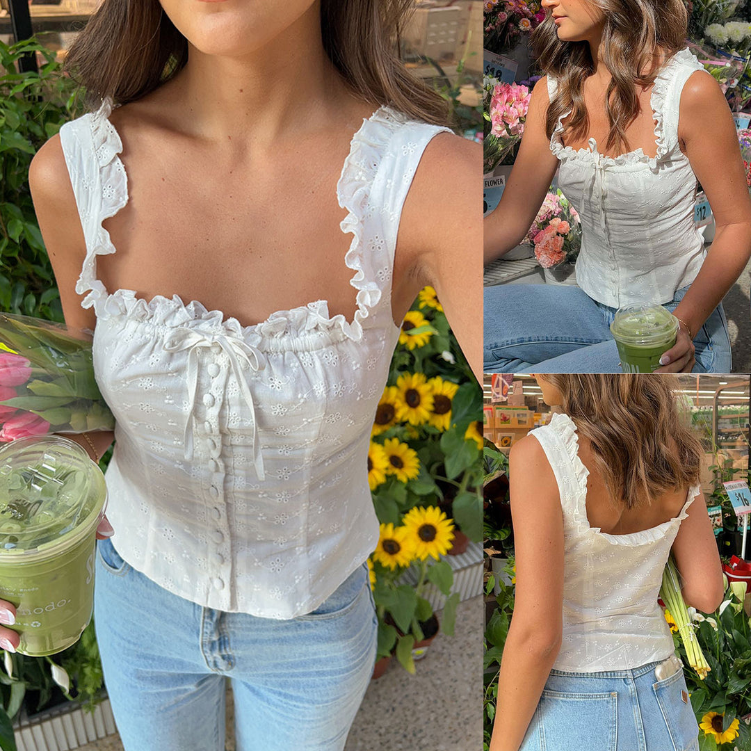 Damen Rüschenbluse mit Knopfleiste und floralem Design EB