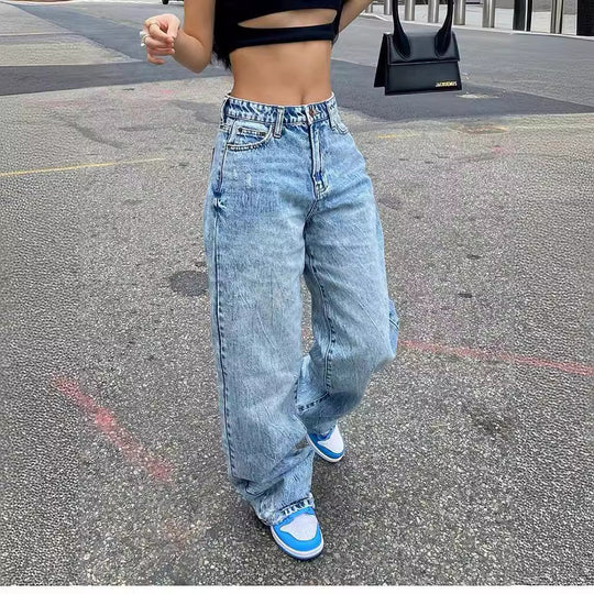 Damen nan weite High-Waist Baggy-Jeans mit tiefem Schritt, Five-Pocket Design und extra-langen Beinen EB