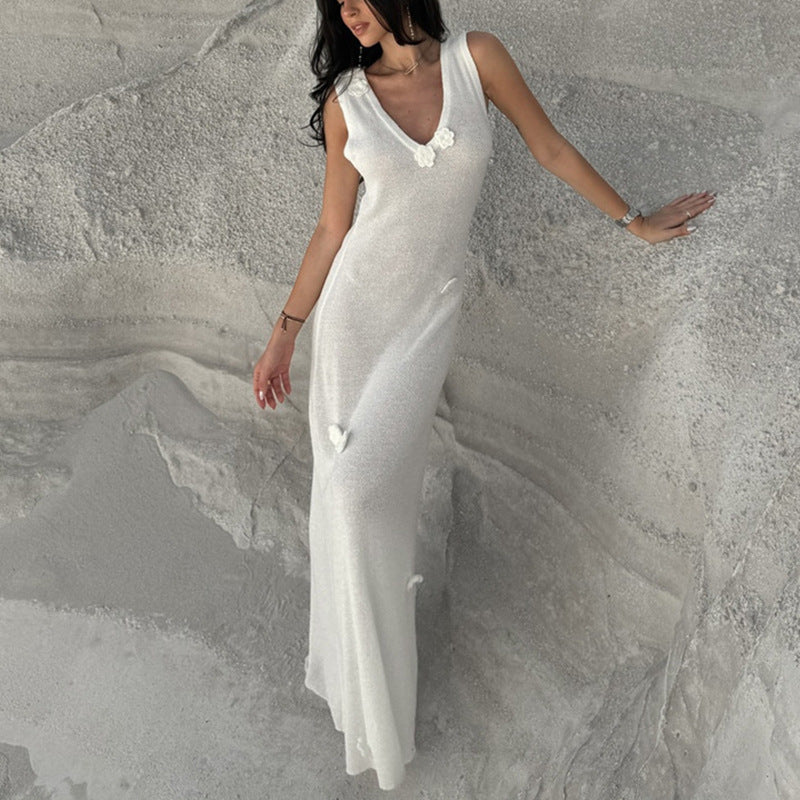 Damen Maxi-Strickkleid mit raffinierten Blumenapplikationen EB