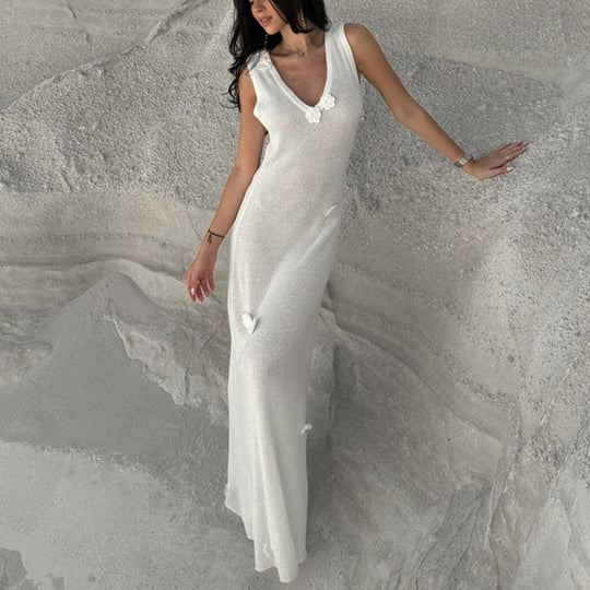 Damen Maxi-Strickkleid mit raffinierten Blumenapplikationen EB
