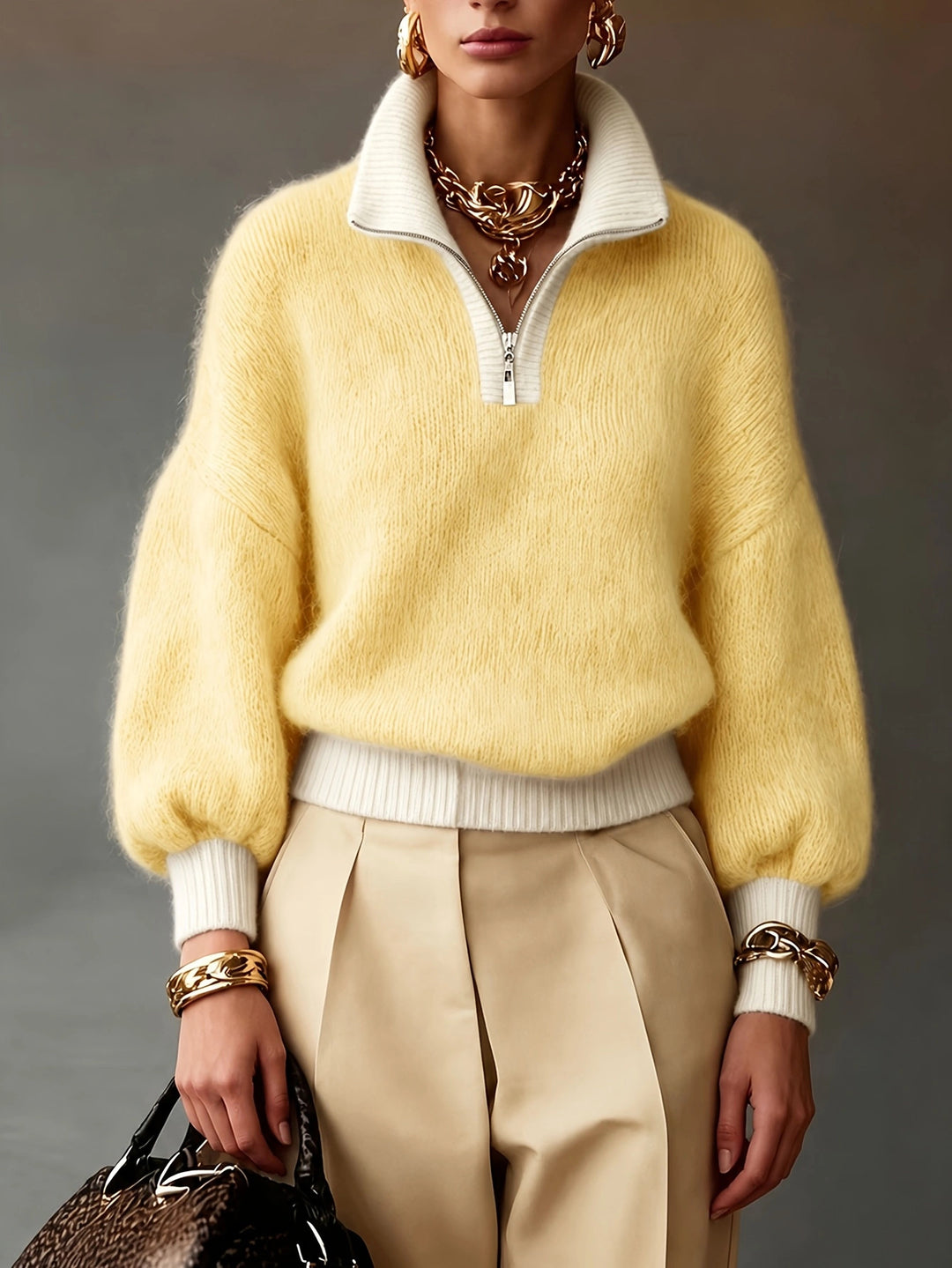 Damen Flauschiger Pullover mit halbem Reißverschluss, Stehkragen und Ballonärmeln EB