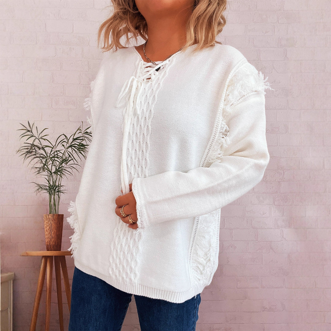 Damen Oversize-Strickpullover mit verspieltem Fransen-Design und Zopfmuster EB