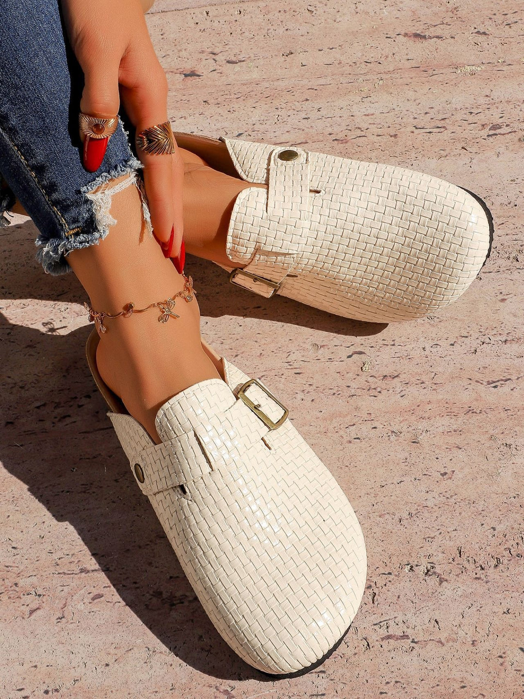 Damen Leder Clogs mit modischem Flechtmuster und verstellbarem Riemen EB