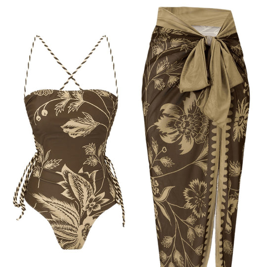 Damen Eleganter Floral Badeanzug mit passendem Wickelrock EB