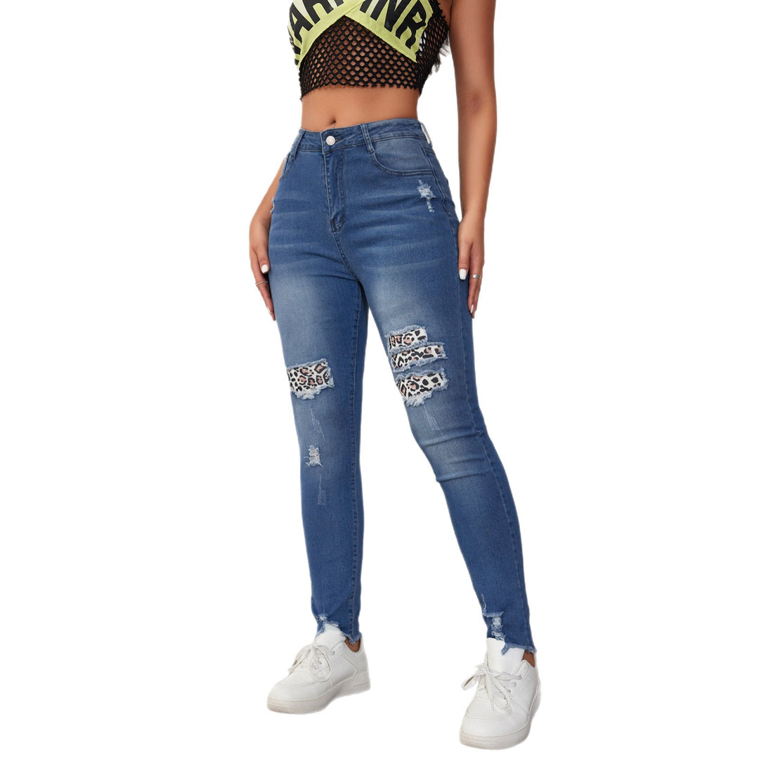 Damen Ripped Skinny Jeans mit modischen Leoparden-Applikationen EB