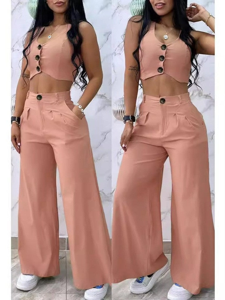 Damen Zweiteiliges Set mit hoch taillierter Hose und knöpfigem Crop-Top EB