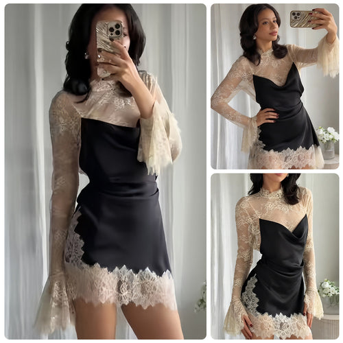 Damen Chiffon Abendkleid mit eleganten Spitzendetails und schwingenden Ärmeln EB