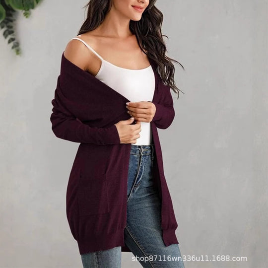 Damen Lange Strickjacke mit offenen Front und praktischen Taschen EB