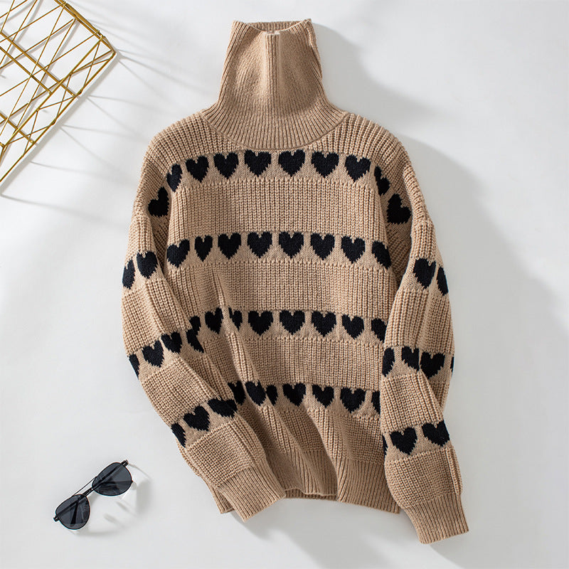 Damen Strickpullover mit Herzmuster und hohem Kragen EB
