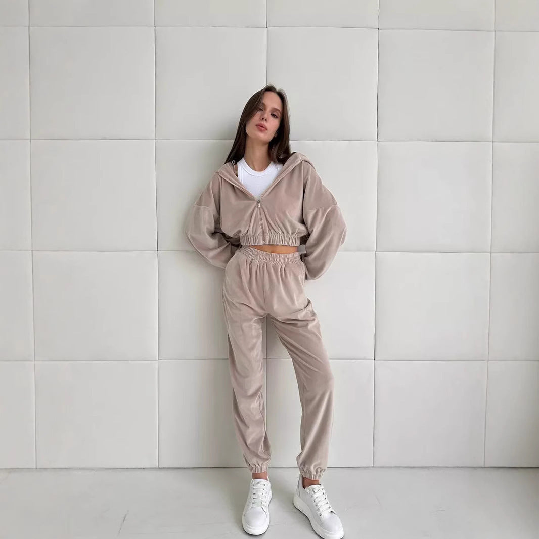 Damen Cropped Samt-Loungewear-Set mit kurzem Reißverschluss, elastischem Taillenbund und weiter Jogginghose EB
