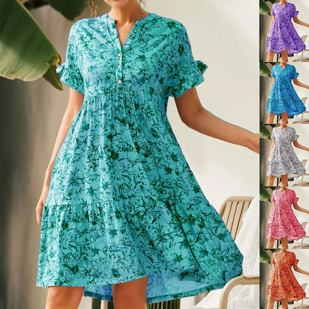 Damen lässiges Blumenkleid mit Knopfleiste und Rüschendetails EB