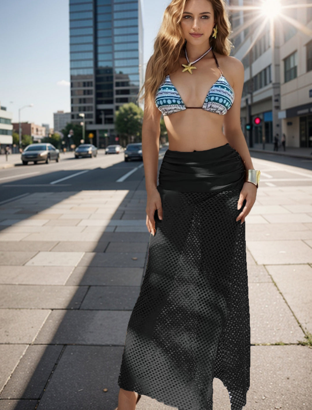 Damen Bikini-Set mit geometrischem Druck und transparenter Strick-Überschlag EB