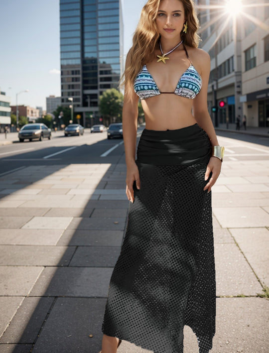 Damen Bikini-Set mit geometrischem Druck und transparenter Strick-Überschlag EB