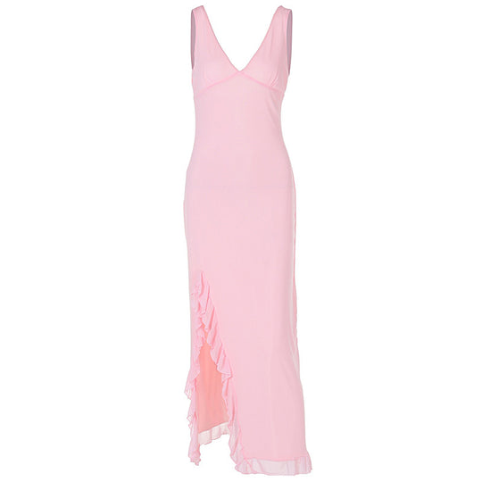 Damen Maxikleid mit tiefem Schlitz und eleganten Rüschendetails EB