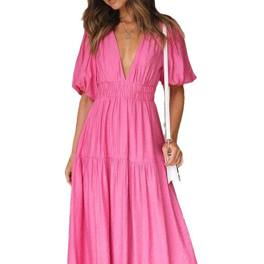 Damen Maxikleid mit tiefem V-Ausschnitt und schwingendem Rock EB