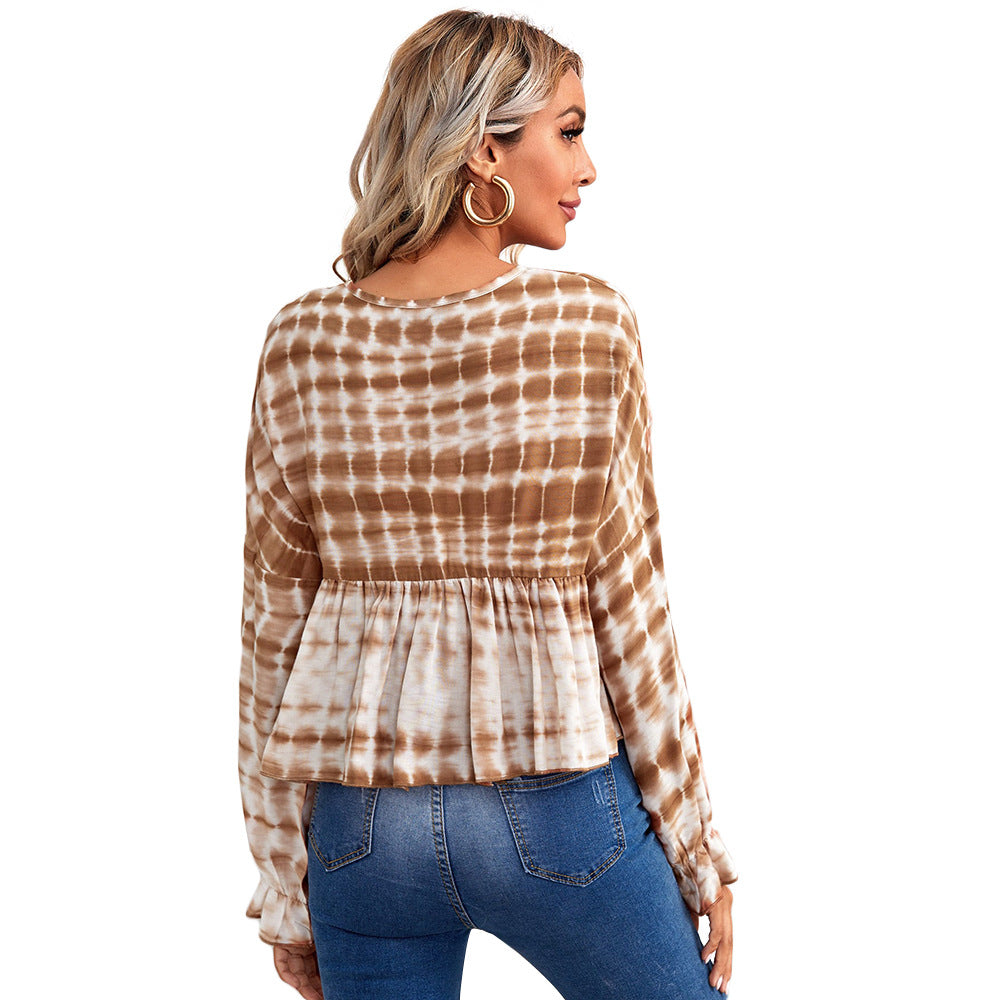 Damen luftiges Peplum-Blusenshirt mit Batikmuster, Kordel‑Neckline und gerafften Ärmeln Eichborn Berlin