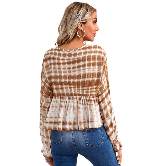 Damen luftiges Peplum-Blusenshirt mit Batikmuster, Kordel‑Neckline und gerafften Ärmeln Eichborn Berlin