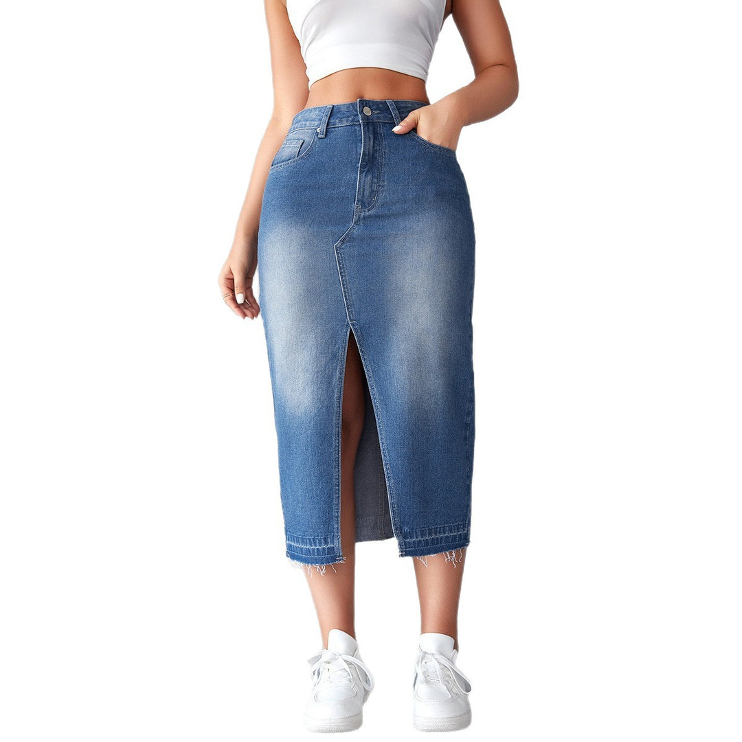 Damen Denim-Midirock mit hohem Schlitz und fransigem Saum EB