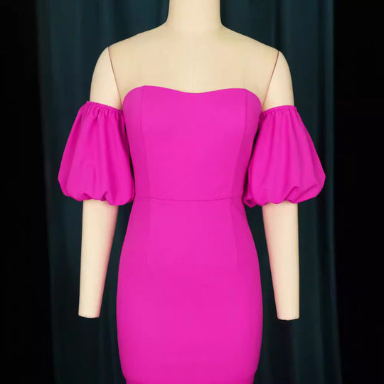 Damen Figurbetontes Abendkleid mit voluminösen Puffärmeln und Rüschenabschluss EB