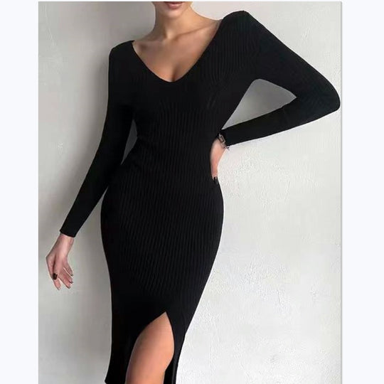 Damen Elegantes Strick-Maxikleid mit raffinierten Schnitt und figurbetontem Design EB