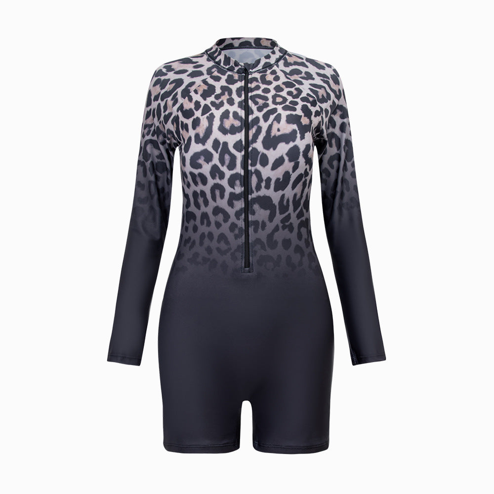 Damen Sportlicher Langarmanzug mit Reißverschluss und trendigem Leopardenmuster EB