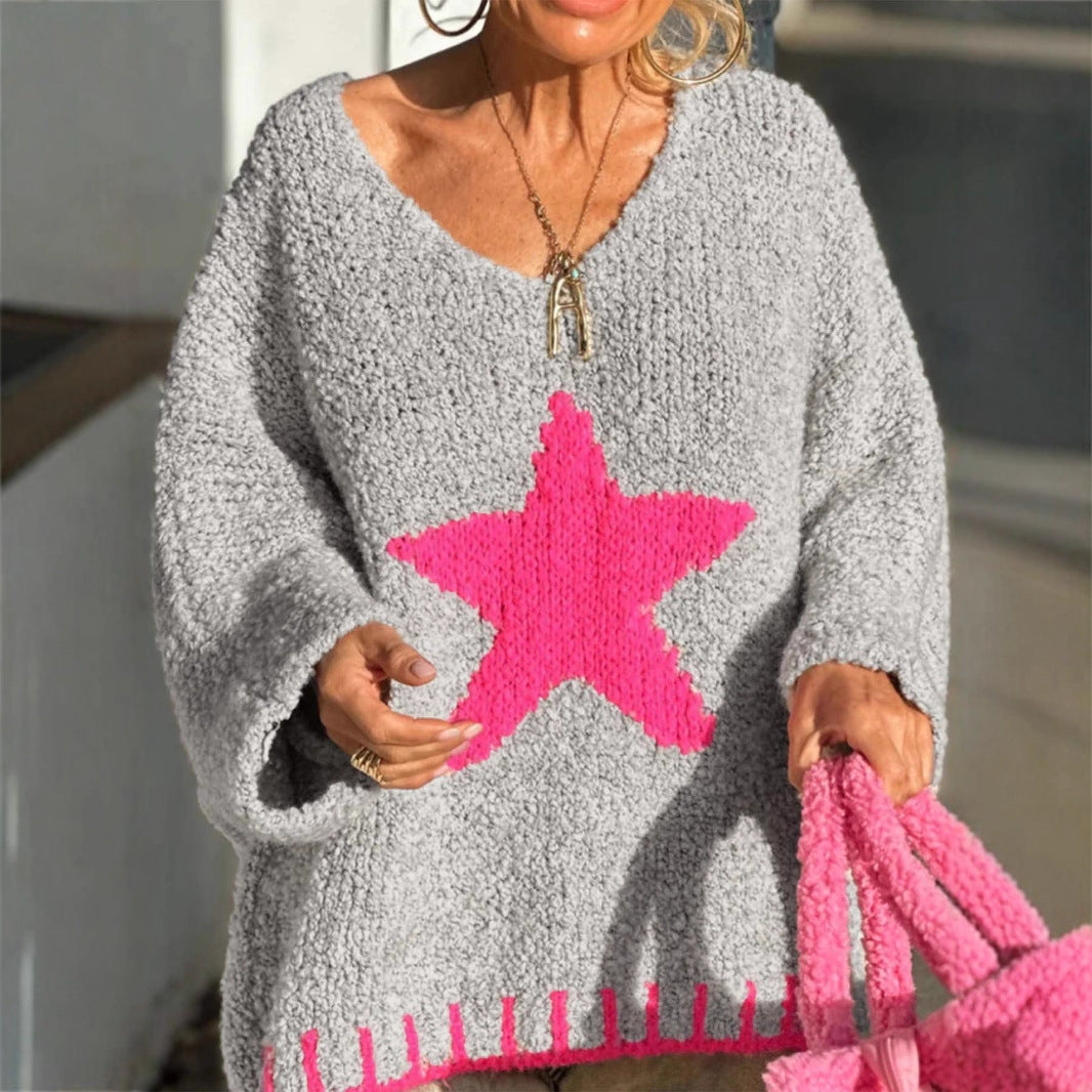 Damen Strickpullover mit V-Ausschnitt und auffälligem Sternenmuster EB
