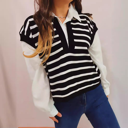 Damen lässiger Polo-Pullover mit gestreiften Design und leichten Puffärmeln EB