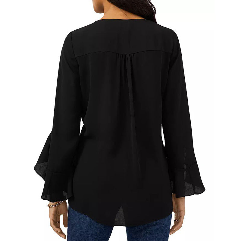 Damen Elegante Bluse mit Rüschendetails und tiefem V-Ausschnitt EB