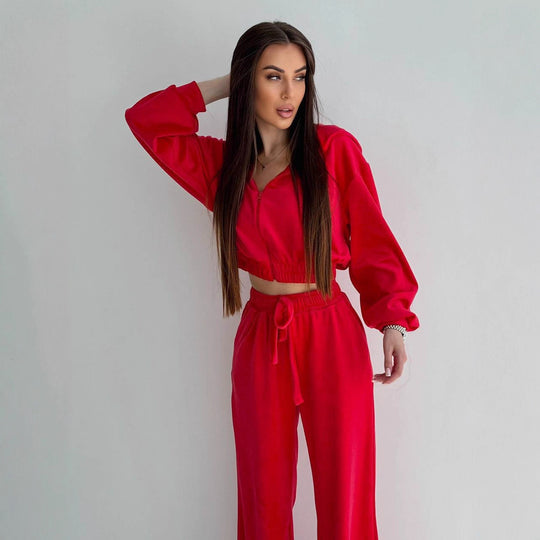 Damen Zweiteiliges Samt-Loungewear-Set mit Cropped-Zipjacke und weiter High-Waist-Sweathose EB