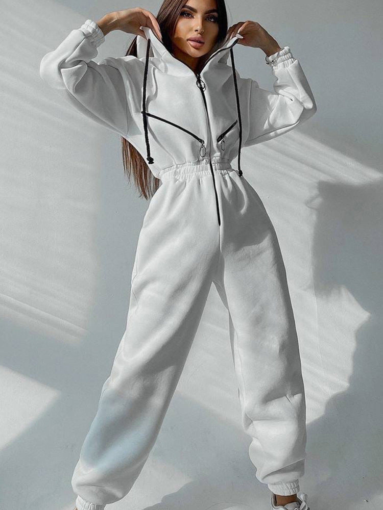 Damen Taillierter Kapuzen-Sweat-Jumpsuit mit Reißverschluss und elastischem Taillenbund EB