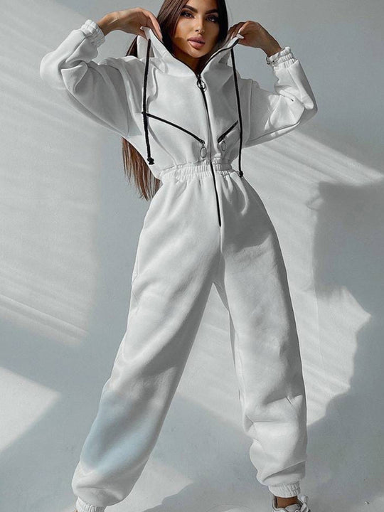 Damen Taillierter Kapuzen-Sweat-Jumpsuit mit Reißverschluss und elastischem Taillenbund EB