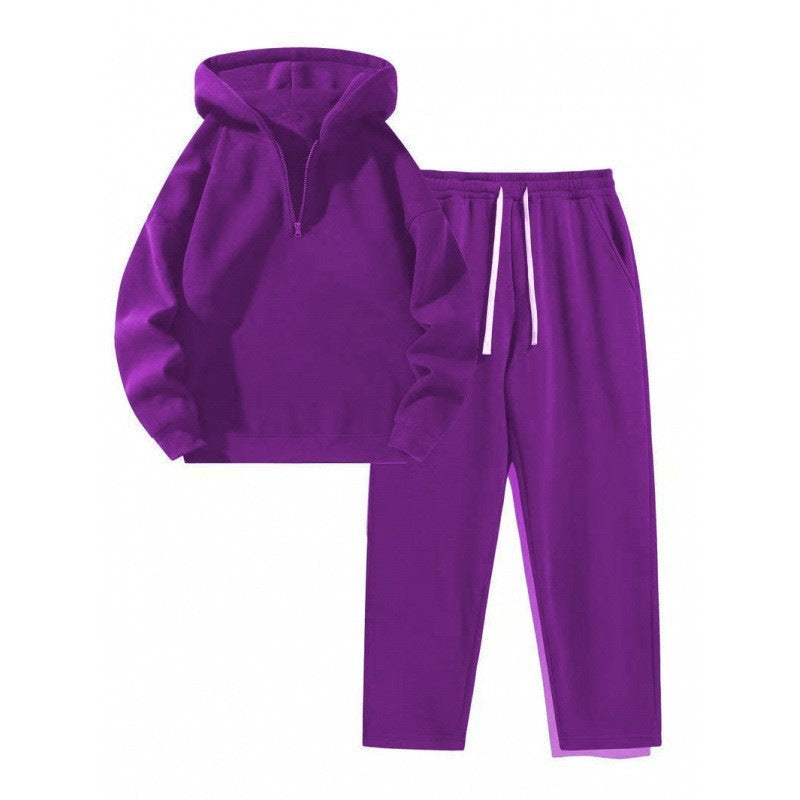 Damen nan Relax-Set mit kurzem Halbzip, übergroßer Kapuze und taillenhoher tapered Jogginghose EB