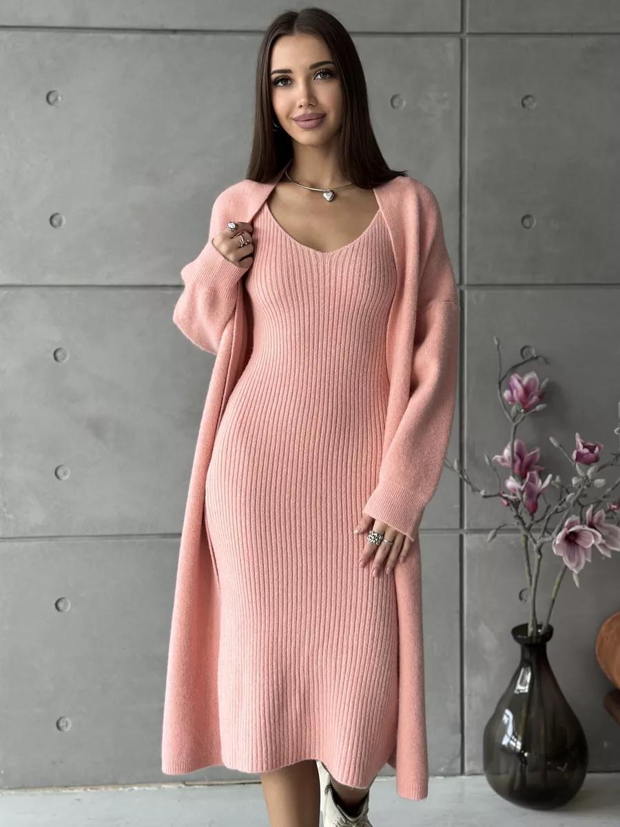 Damen Strickkleid mit tiefem V-Ausschnitt und langem Schnitt EB